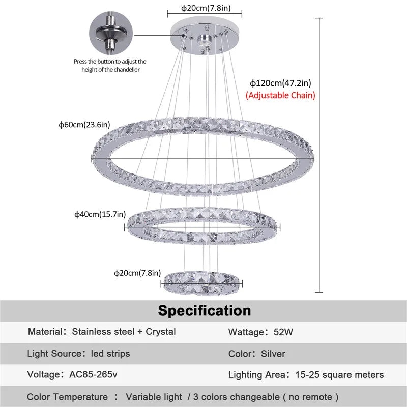 Crystal Chandelier - 3 Ring Ceiling Pendant - LED Lights