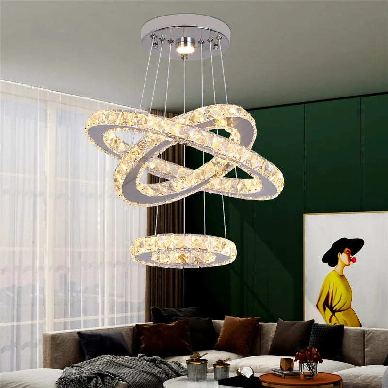 Crystal Chandelier - 3 Ring Ceiling Pendant - LED Lights