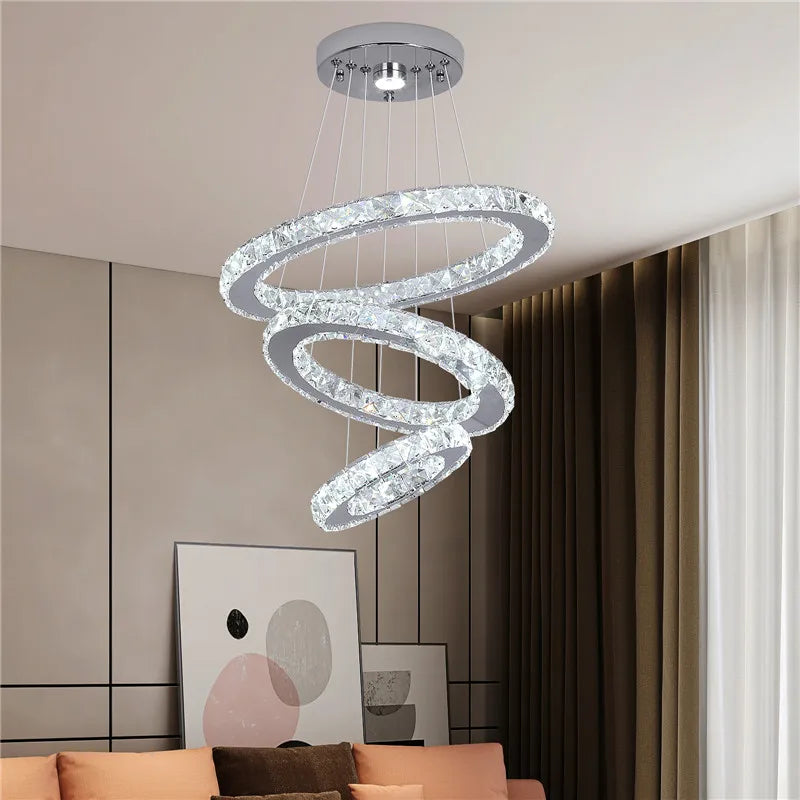 Crystal Chandelier - 3 Ring Ceiling Pendant - LED Lights