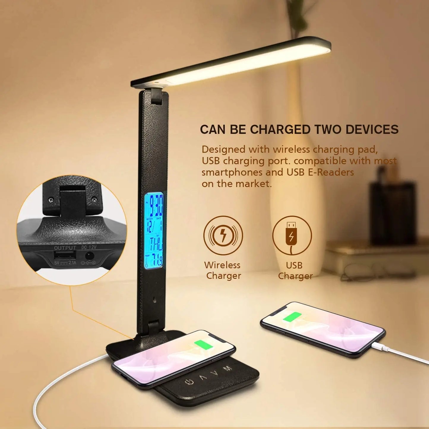 QI Wireless Charging LED Desk Lamp - Multi Functional Display