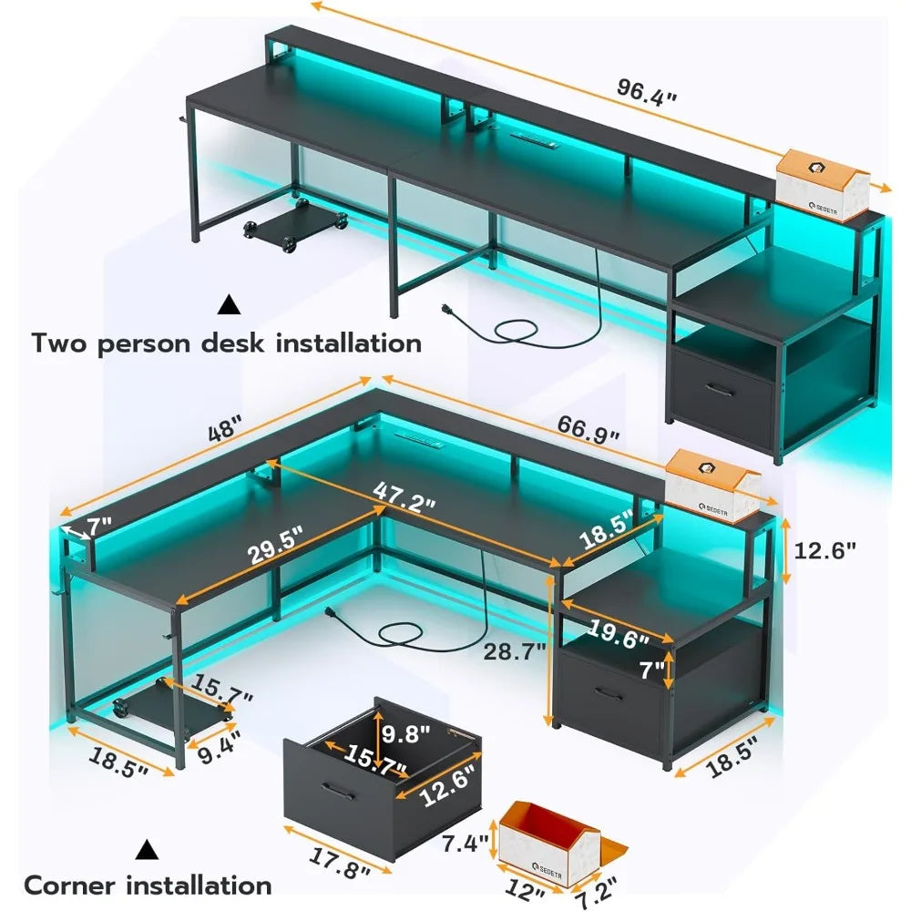 Home or Office Desk - L-Shape or Single Line Configuration - w/File Drawer & Power/USB Outlets & Led Lighting