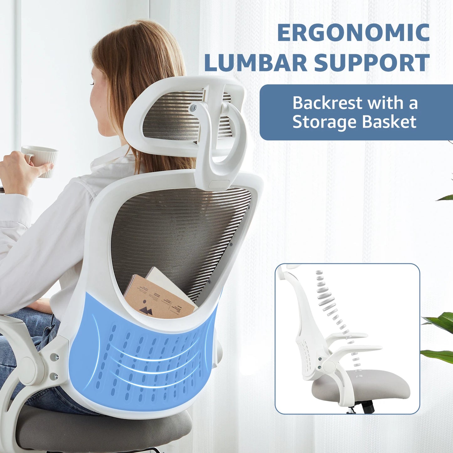 Mesh-Back Ergonomic Home or Office Desk Chair - Flip-up Arms - Adjustable Headrest  and Lumbar Support