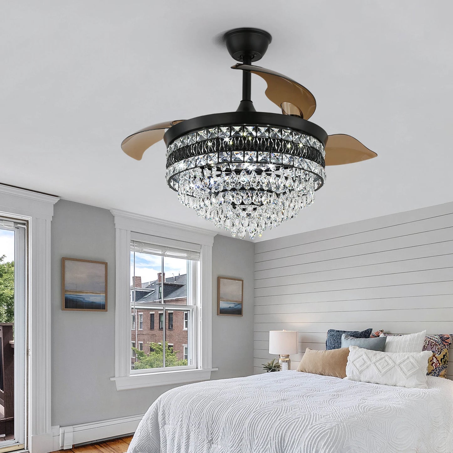 Crystal Pendant Light w/Fan - 42" - Chandelier w/Dimmable Lighting and 6 Fan Speeds