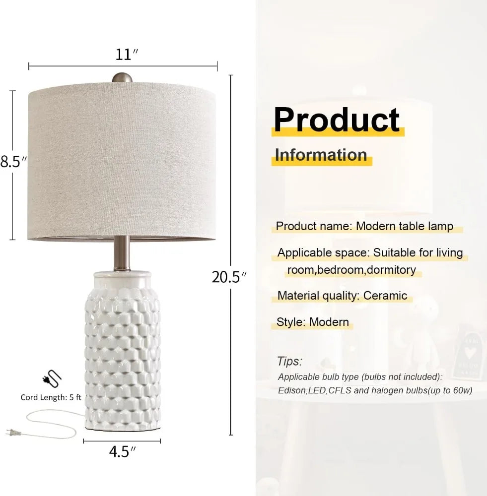 White Modern Ceramic Lamp Set (2) w/ Linen Shades