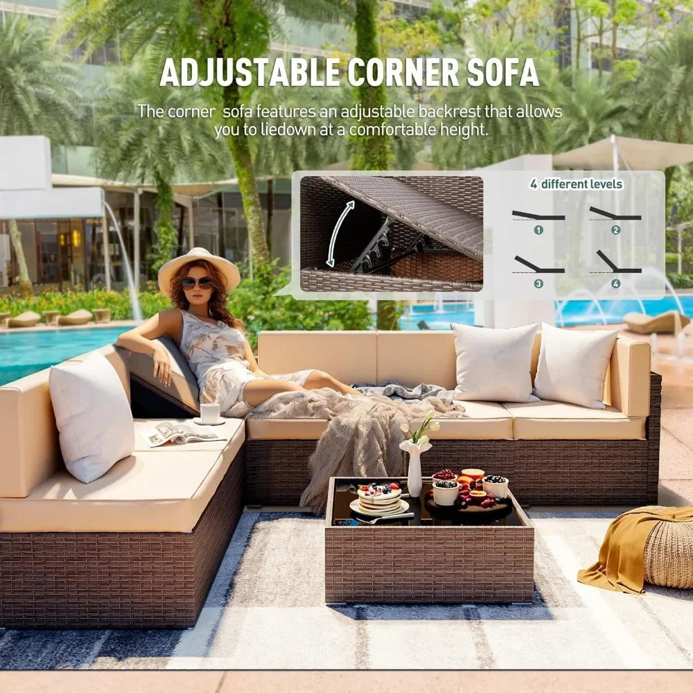 Outdoor or Patio Sectional Sofa Set - 7 Pieces w/Reclining Corner Seat - Coffee Table & Washable Cushion Covers