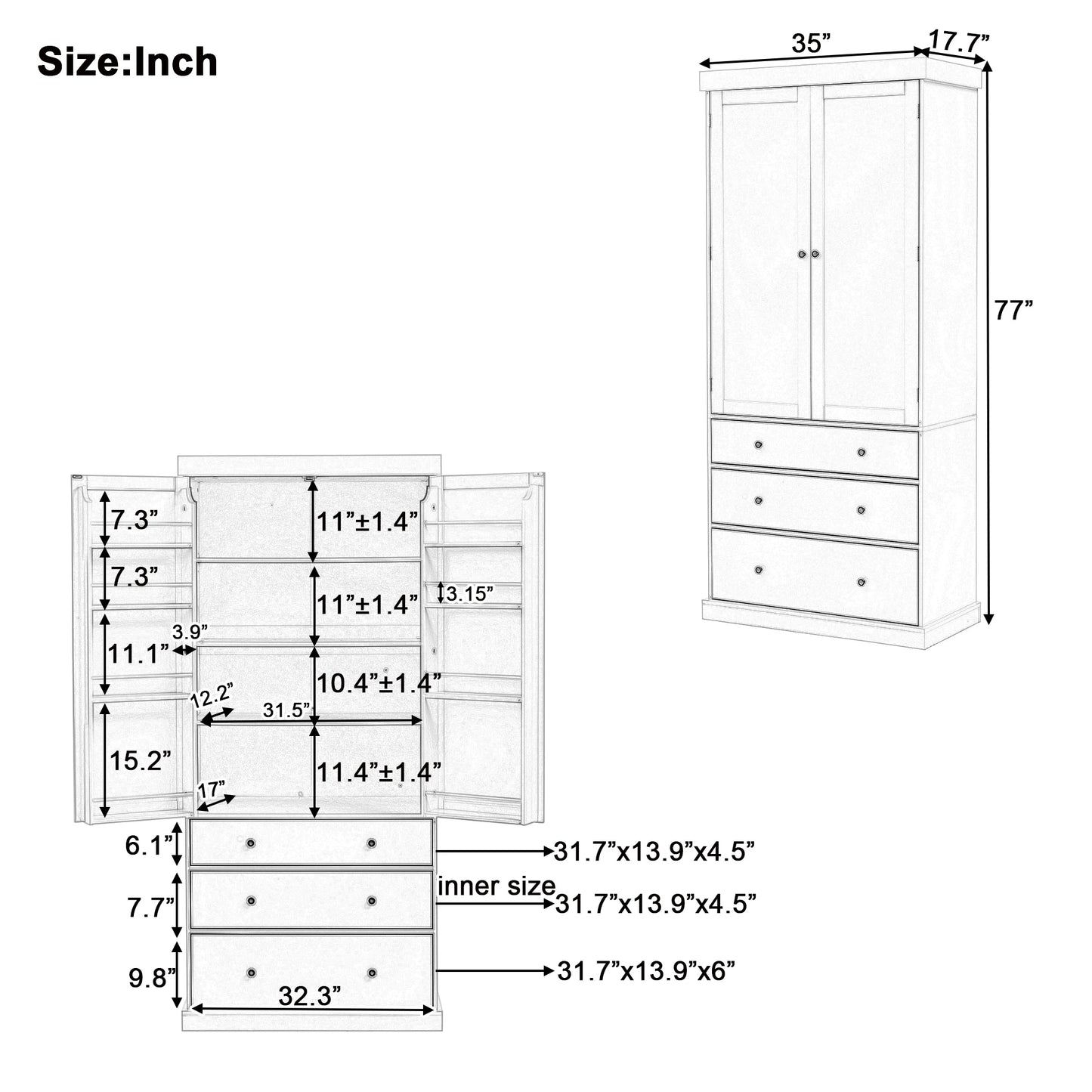 Farmhouse Kitchen Pantry - 77" height w/Adjustable Shelves