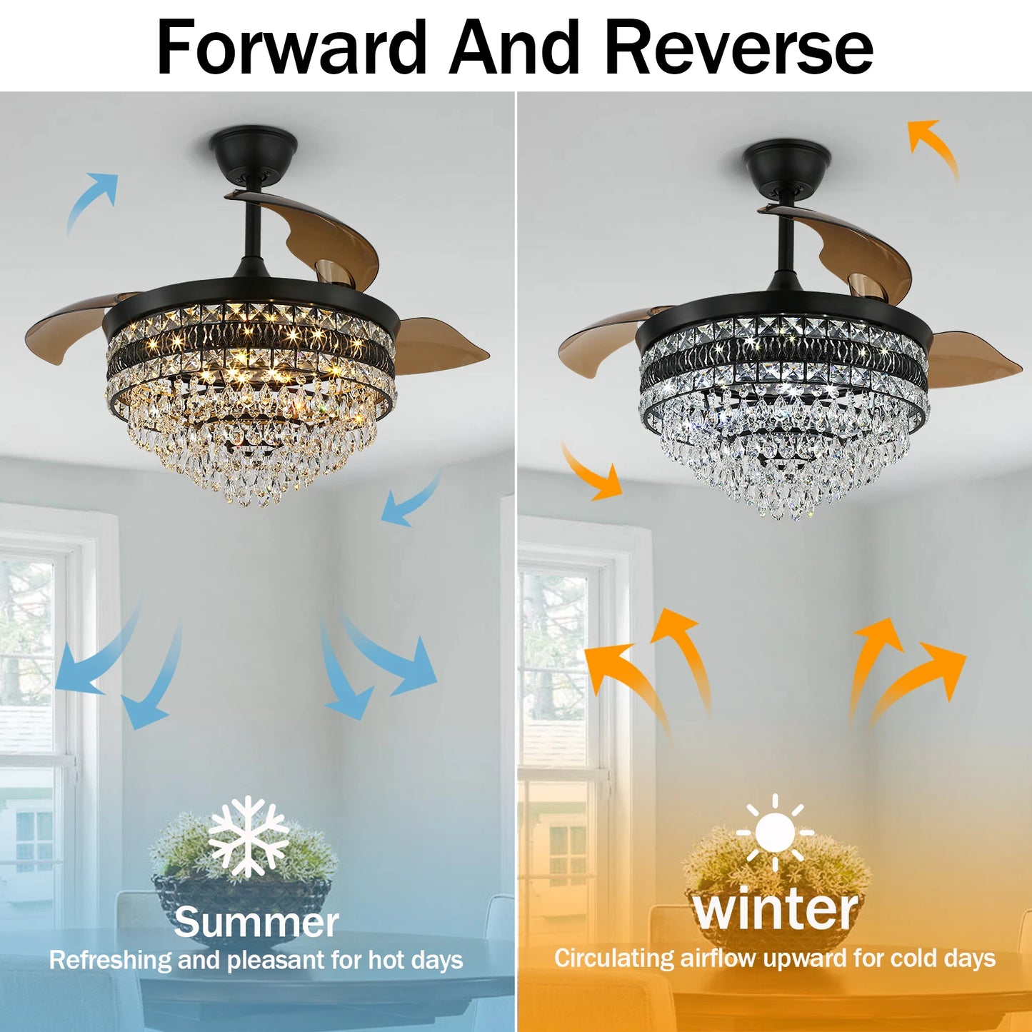 Crystal Pendant Light w/Fan - 42" - Chandelier w/Dimmable Lighting and 6 Fan Speeds