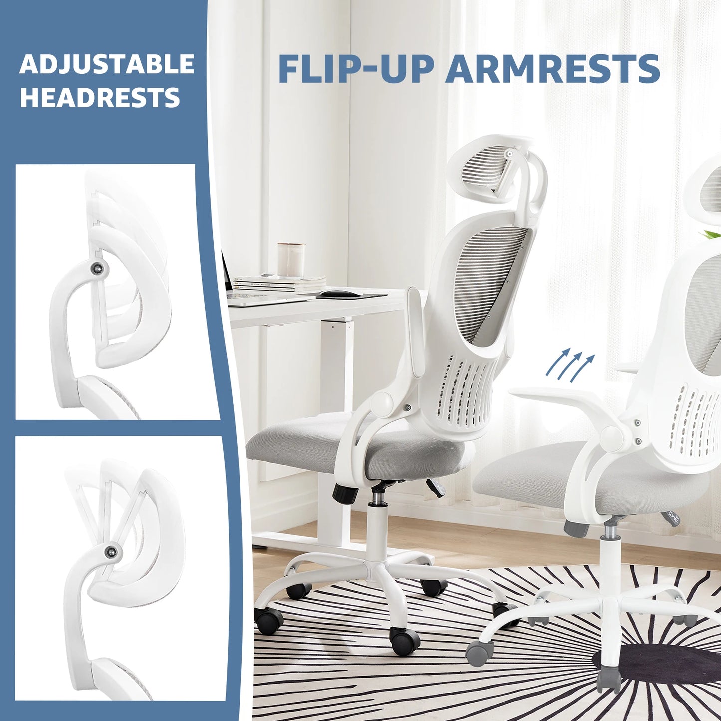 Mesh-Back Ergonomic Home or Office Desk Chair - Flip-up Arms - Adjustable Headrest  and Lumbar Support