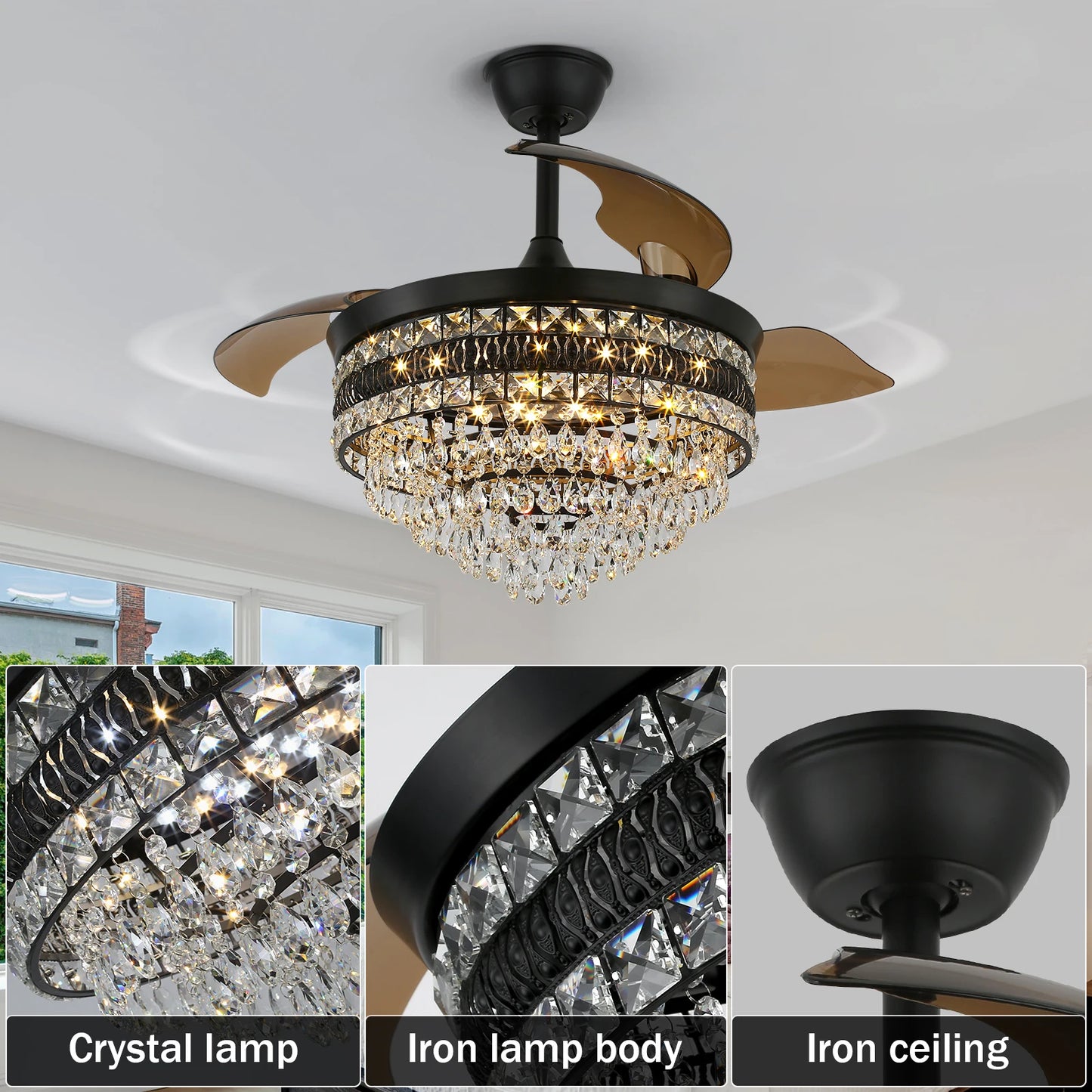 Crystal Pendant Light w/Fan - 42" - Chandelier w/Dimmable Lighting and 6 Fan Speeds