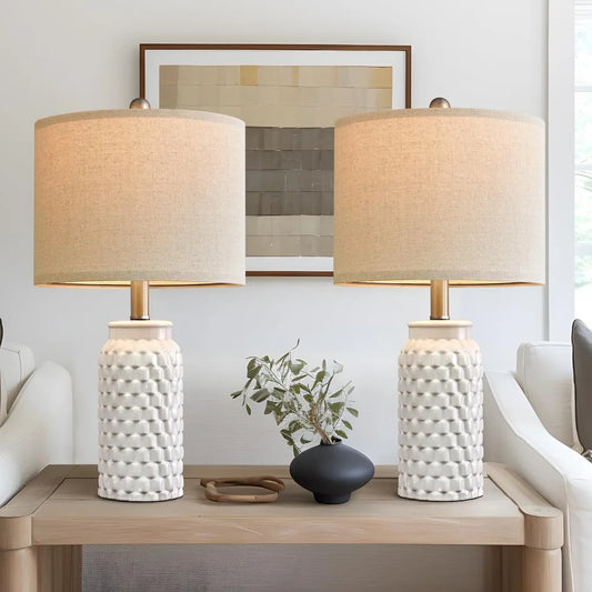 White Modern Ceramic Lamp Set (2) w/ Linen Shades