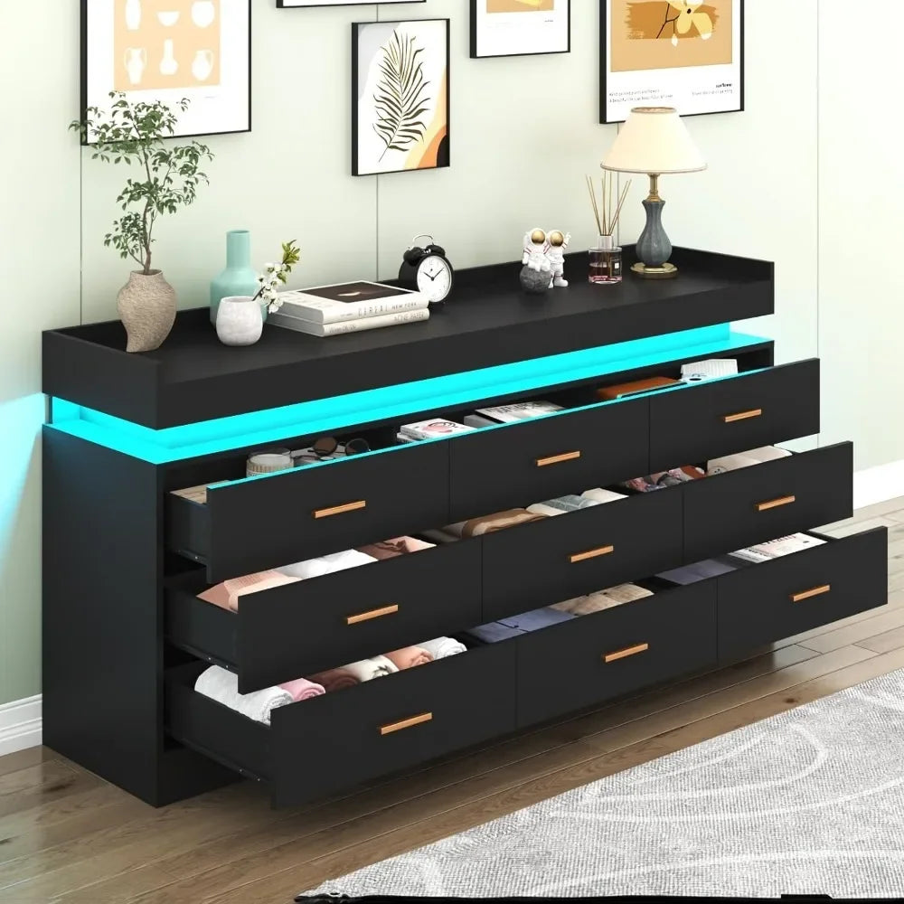 Modern Dresser - 9 Drawers w/Multi-color LED Lighting - Multiple Electronic Applications & Controller