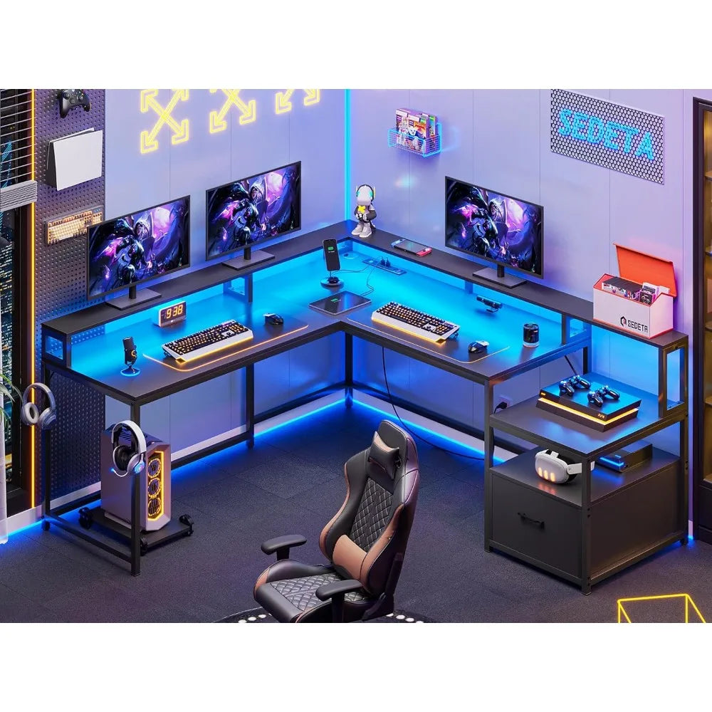 Home or Office Desk - L-Shape or Single Line Configuration - w/File Drawer & Power/USB Outlets & Led Lighting