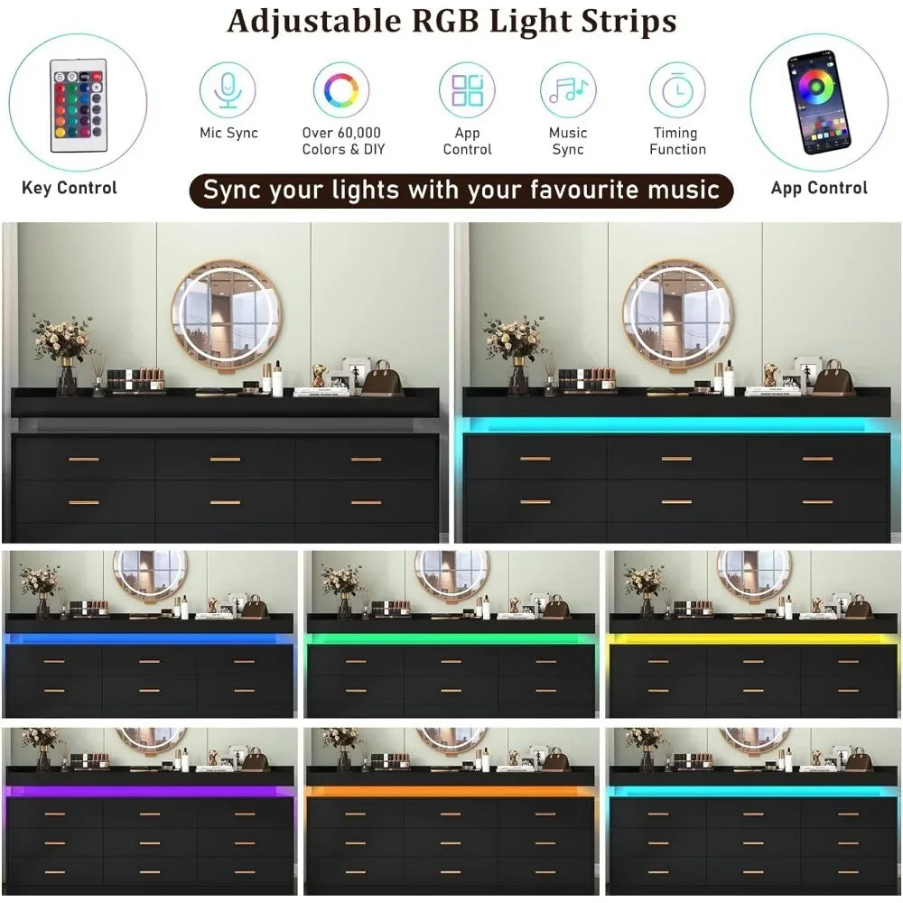 Modern Dresser - 9 Drawers w/Multi-color LED Lighting - Multiple Electronic Applications & Controller