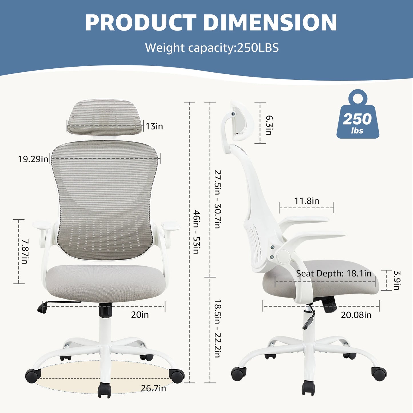 Mesh-Back Ergonomic Home or Office Desk Chair - Flip-up Arms - Adjustable Headrest  and Lumbar Support