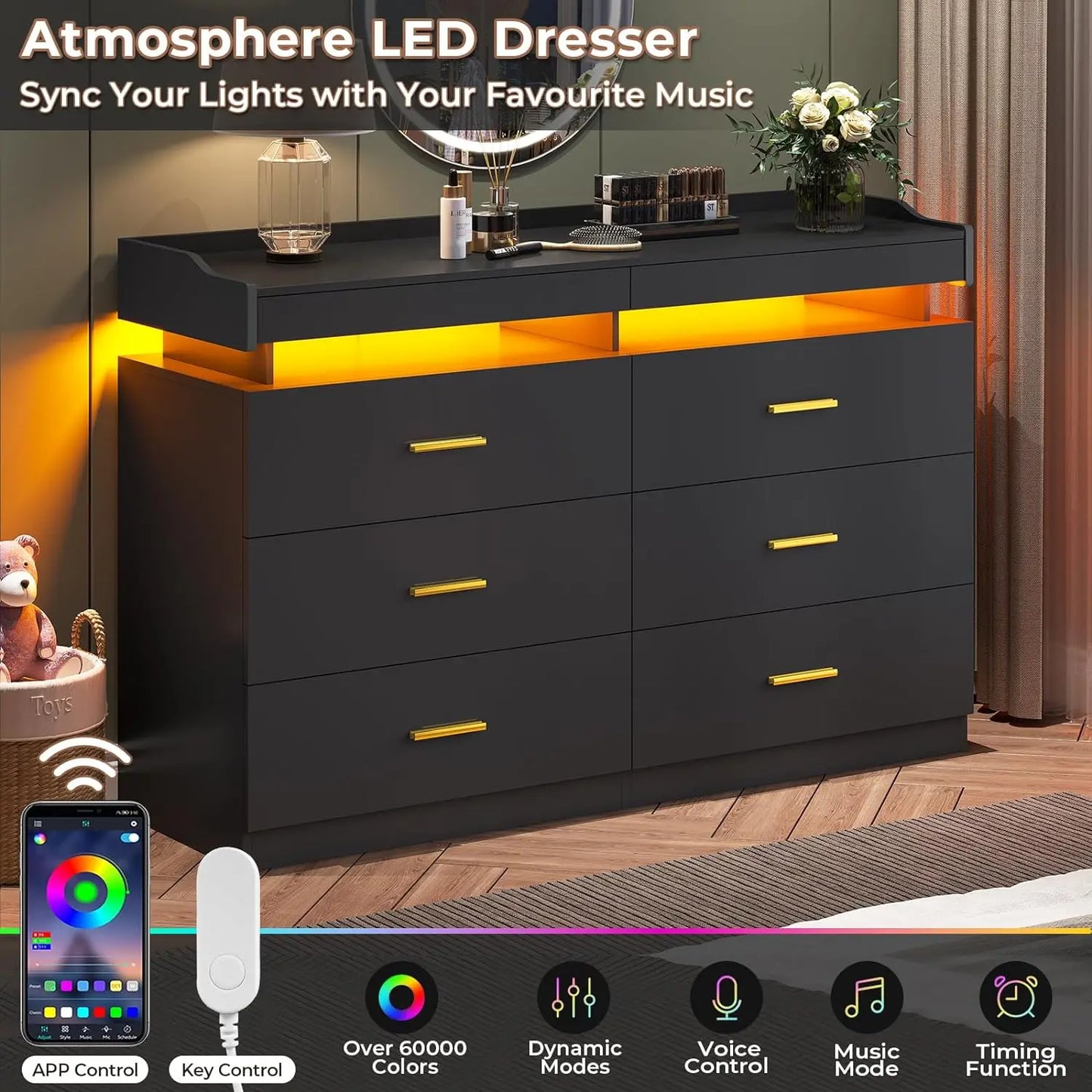 Modern Dresser - 9 Drawers w/Multi-color LED Lighting - Multiple Electronic Applications & Controller