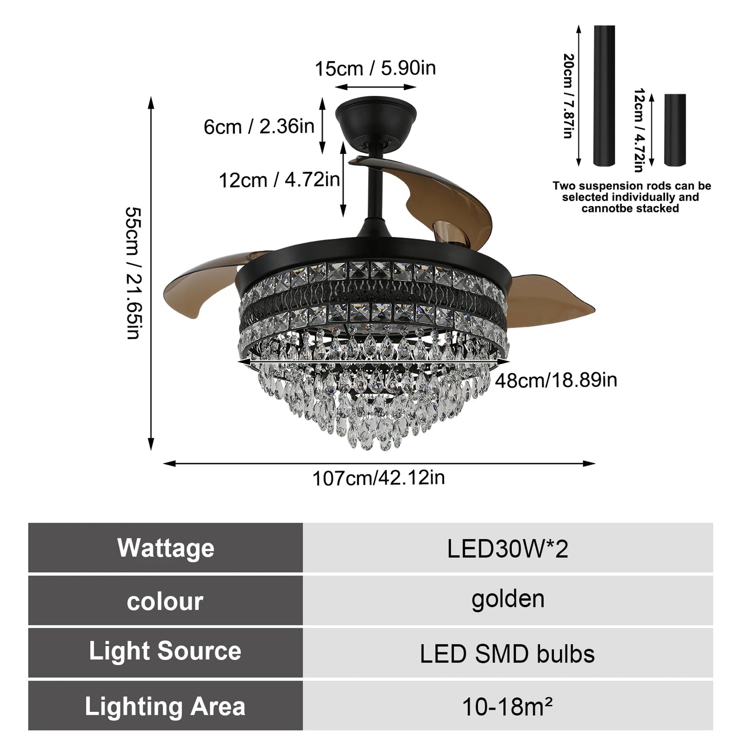 Crystal Pendant Light w/Fan - 42" - Chandelier w/Dimmable Lighting and 6 Fan Speeds