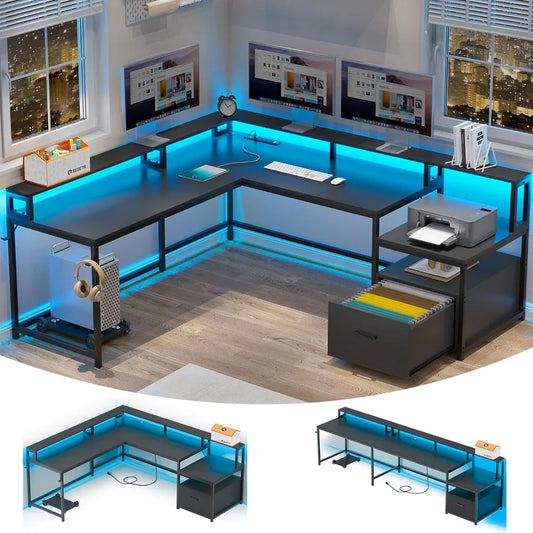 Home or Office Desk - L-Shape or Single Line Configuration - w/File Drawer & Power/USB Outlets & Led Lighting