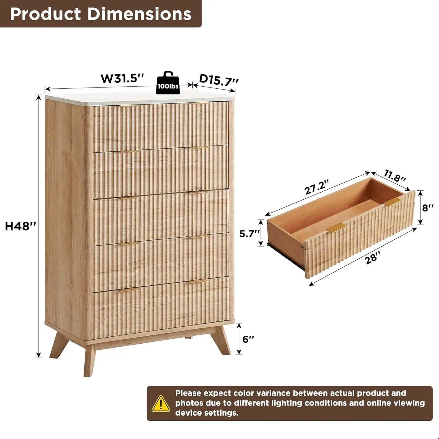 Modern-Fluted Chest of Drawers - 5 Drawer Vertical or 6 Drawer Horizontal