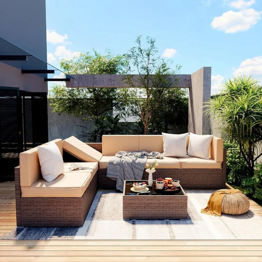 Outdoor or Patio Sectional Sofa Set - 7 Pieces w/Reclining Corner Seat - Coffee Table & Washable Cushion Covers