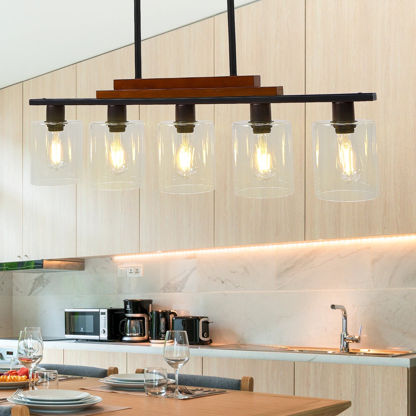 Rustic / Modern Pendant - 5 Light Fixture - Kitchen Island or Dining Table - Adjustable Height