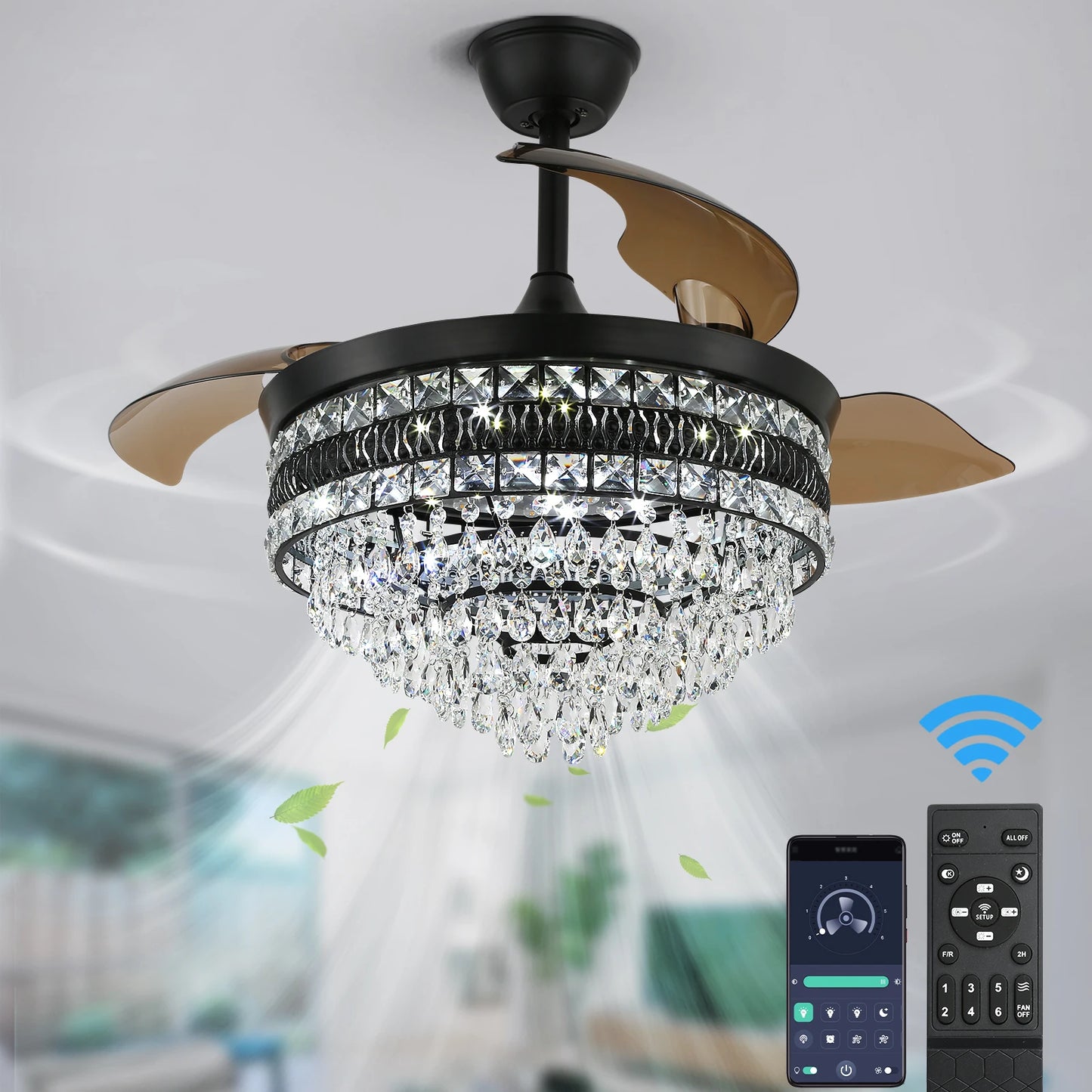 Crystal Pendant Light w/Fan - 42" - Chandelier w/Dimmable Lighting and 6 Fan Speeds