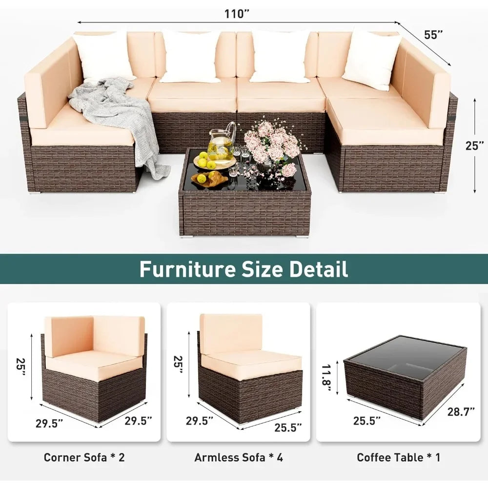 Outdoor or Patio Sectional Sofa Set - 7 Pieces w/Reclining Corner Seat - Coffee Table & Washable Cushion Covers