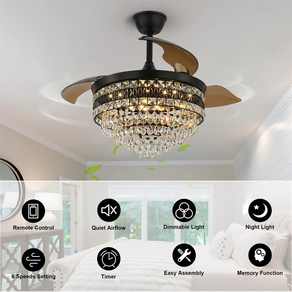 Crystal Pendant Light w/Fan - 42" - Chandelier w/Dimmable Lighting and 6 Fan Speeds