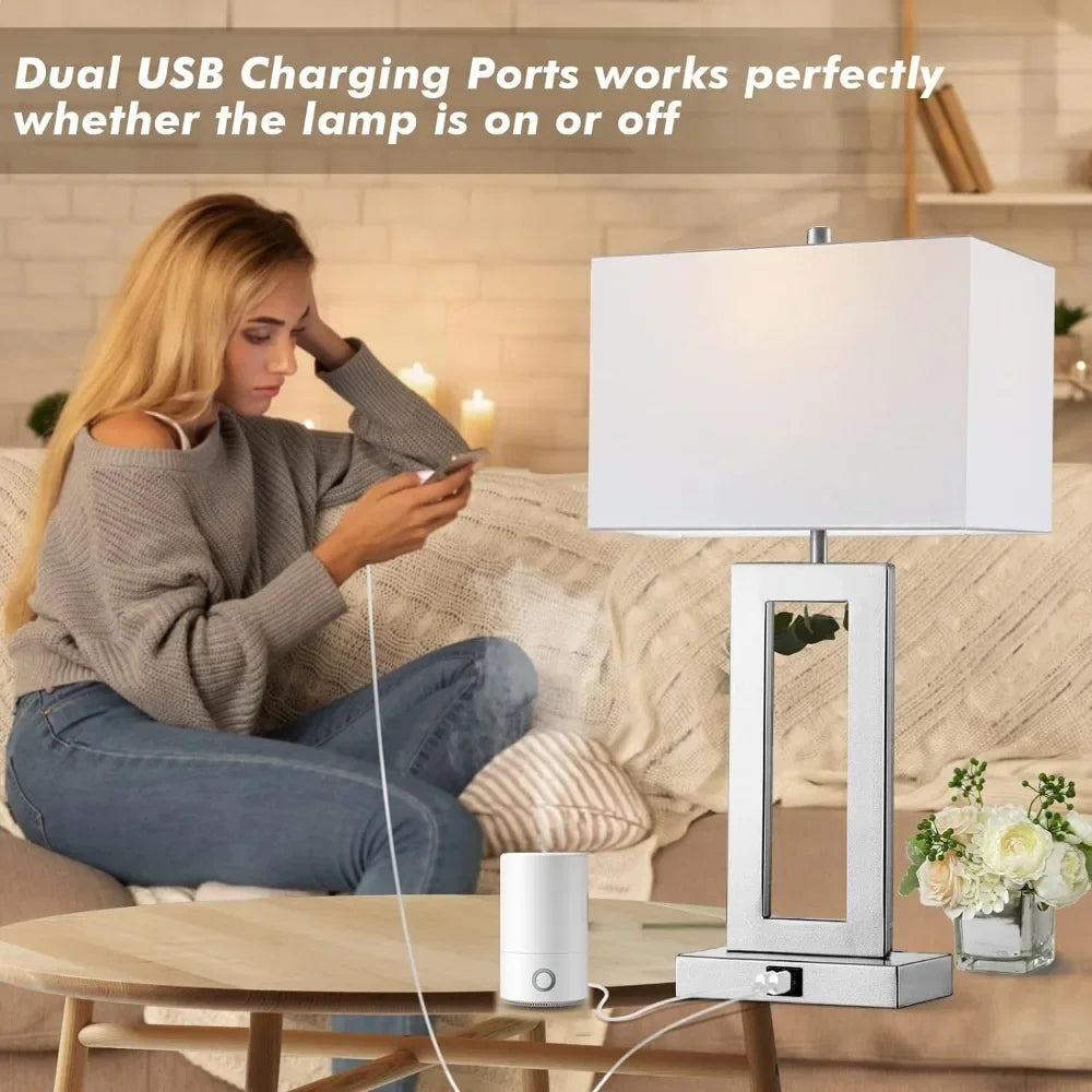 Rectangle Silver Table Lamps - Set of 2 - w/USB Ports & 3-Way Touch Dimming