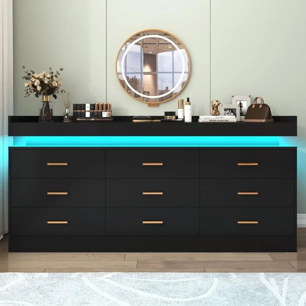 Modern Dresser - 9 Drawers w/Multi-color LED Lighting - Multiple Electronic Applications & Controller