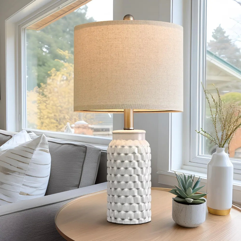 White Modern Ceramic Lamp Set (2) w/ Linen Shades