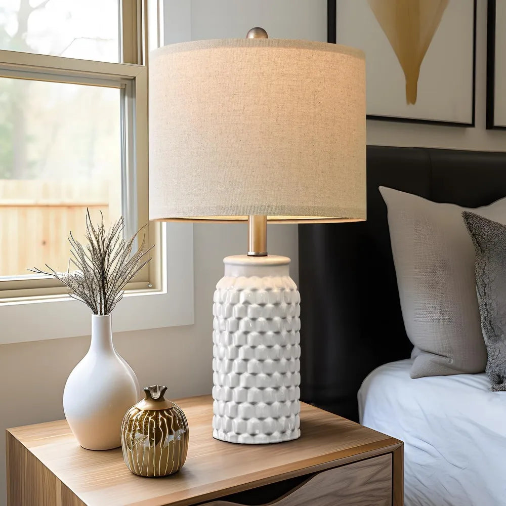 White Modern Ceramic Lamp Set (2) w/ Linen Shades