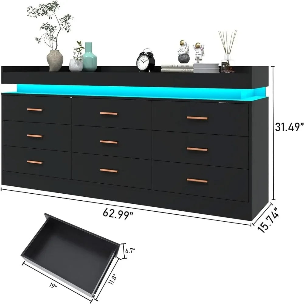 Modern Dresser - 9 Drawers w/Multi-color LED Lighting - Multiple Electronic Applications & Controller