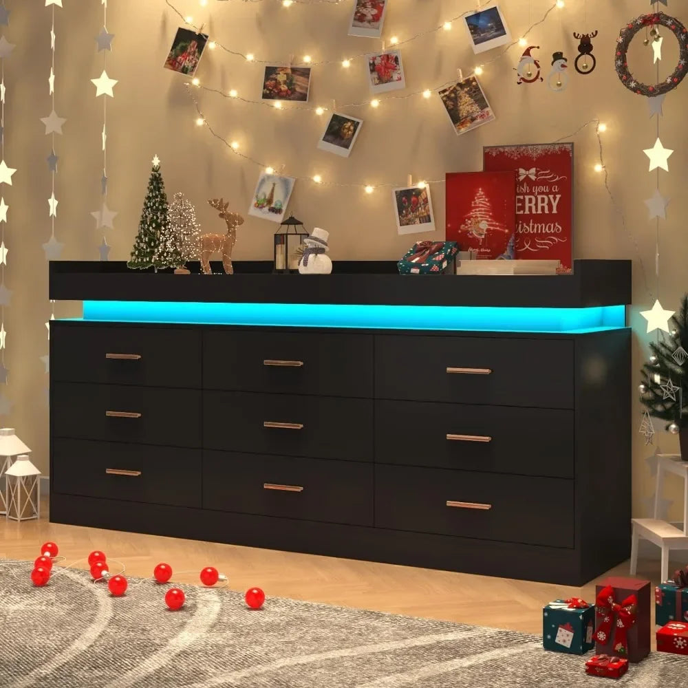 Modern Dresser - 9 Drawers w/Multi-color LED Lighting - Multiple Electronic Applications & Controller