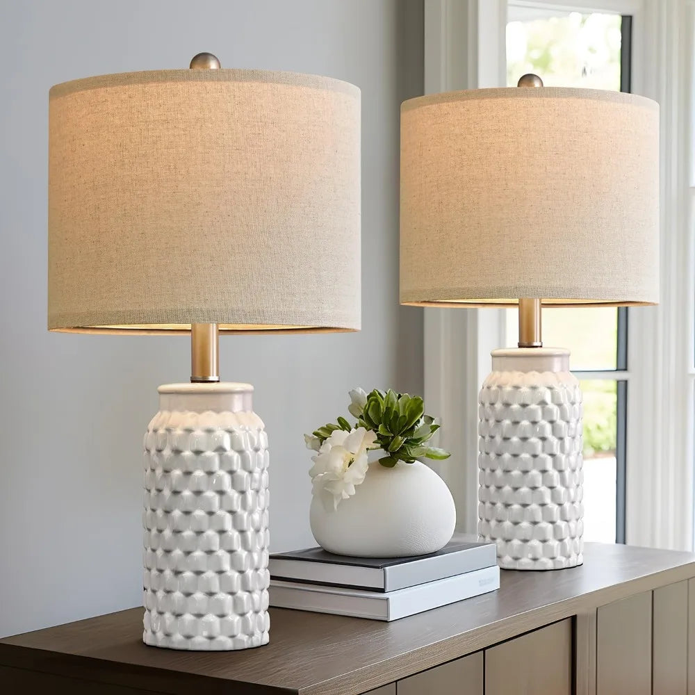 White Modern Ceramic Lamp Set (2) w/ Linen Shades