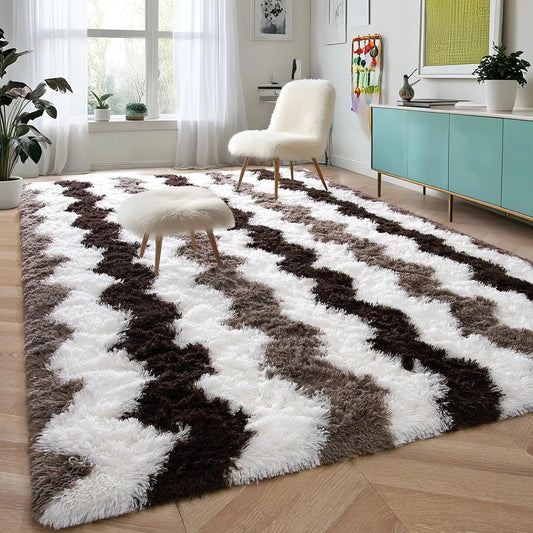 Zig-Zag Patterned Shag Area Rug - Three (3) Sizes - Plush w/Non-Slip Backing