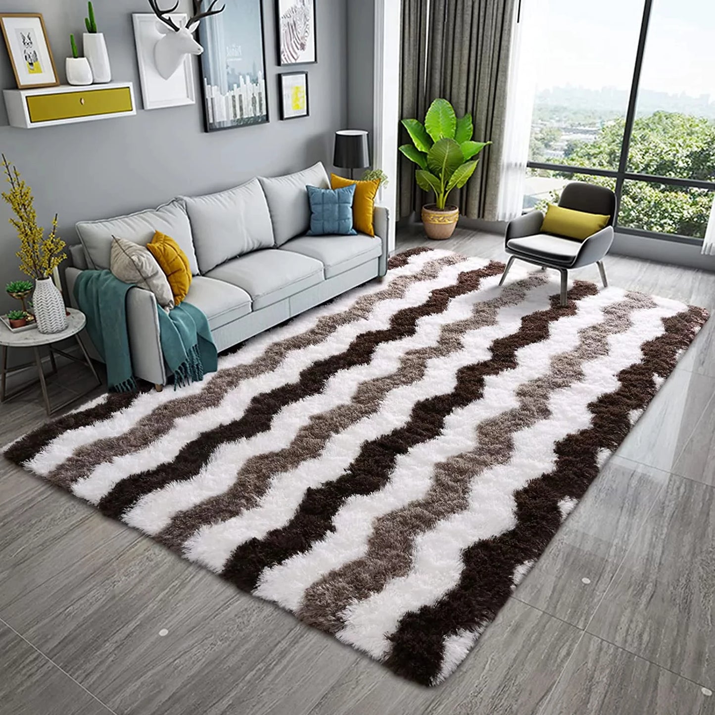 Zig-Zag Patterned Shag Area Rug - Three (3) Sizes - Plush w/Non-Slip Backing