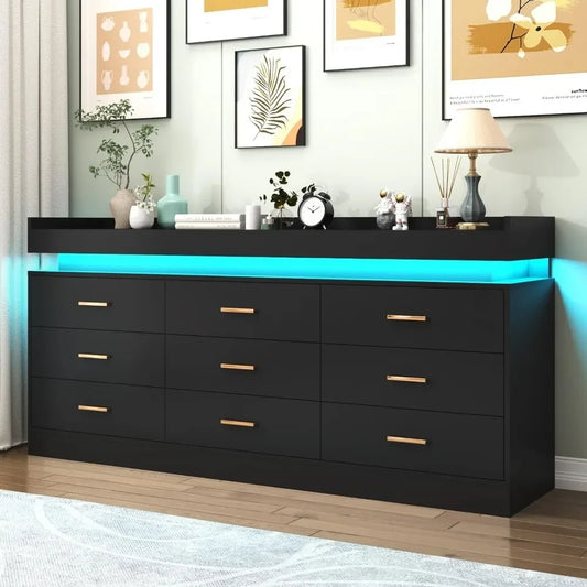 Modern Dresser - 9 Drawers w/Multi-color LED Lighting - Multiple Electronic Applications & Controller