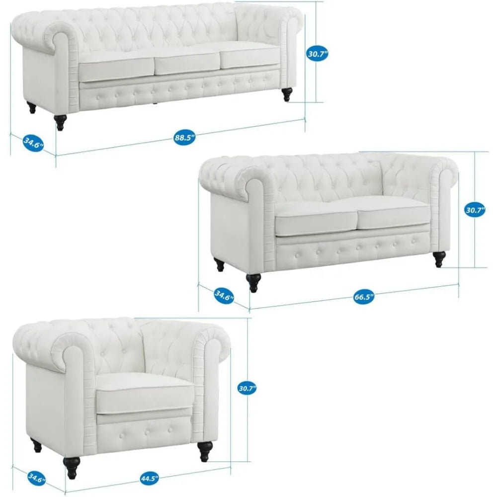 White-Chesterfield 3-Piece Tufted (faux) Leather Sofa Set