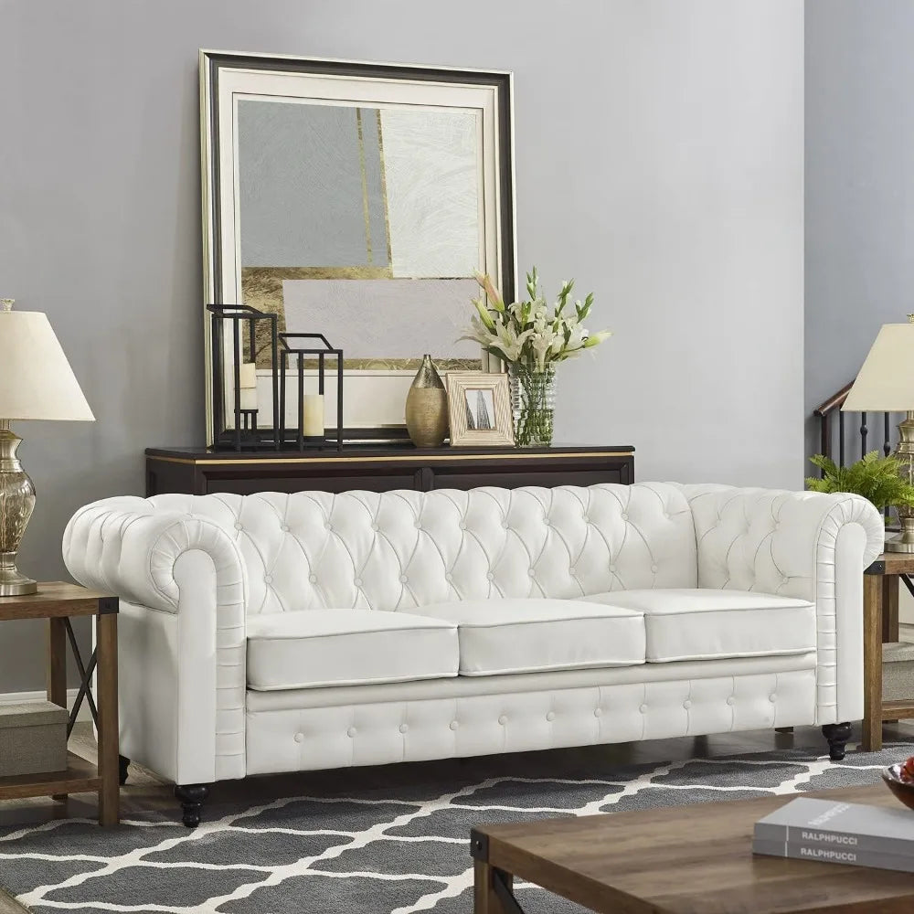 White-Chesterfield 3-Piece Tufted (faux) Leather Sofa Set