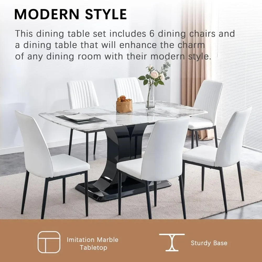 Marble Pattern Dining Table with 6 Chairs