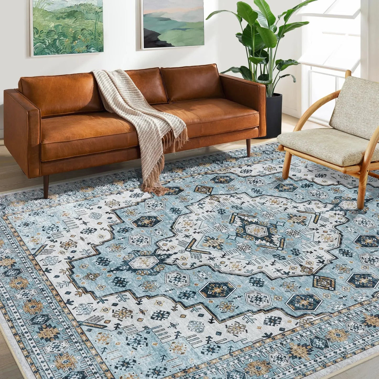 Medallion Distressed - Chenille Fiber Area Rug - 9 x 12 -  Machine Washable w/Anti-Slip Backing