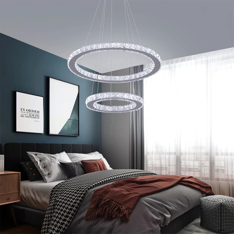 Crystal Chandelier - 3 Ring Ceiling Pendant - LED Lights