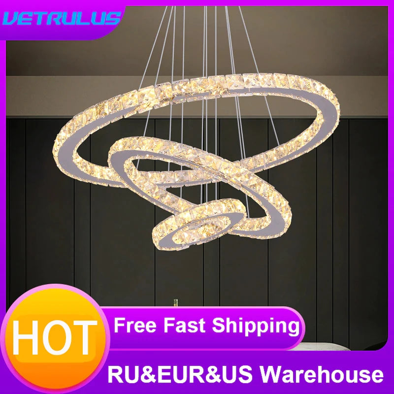 Crystal Chandelier - 3 Ring Ceiling Pendant - LED Lights